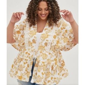 Torrid Size 4 Ruffle Kimono Top Floral Yellow Tassel Boho Cardigan Cover Up